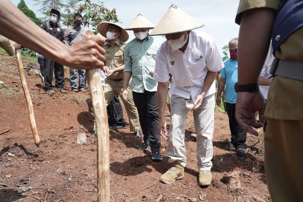 Menteri Koperasi dan Usaha Kecil Menengah Teten Masduki (tengah) menanam kacang koro pedang dalam acara Penanaman Kacang Koro Pedang Bersama Koperasi Paramasera di Kabupaten Sumedang, Jawa Barat, Senin (24/01/2022). 