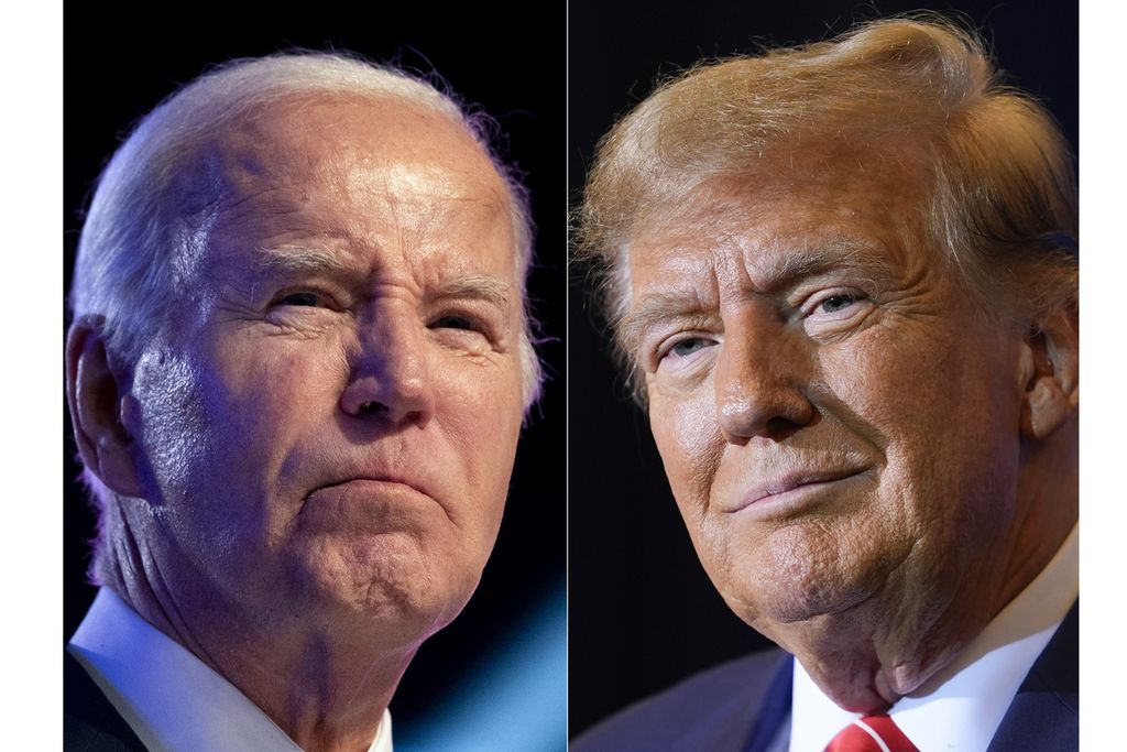 Gabungan dua foto ini memperlihatkan Presiden Joe Biden dalam foto bertanggal 5 Januari 2024 dan mantan Presiden Donald Trump dalam foto bertanggal 19 Januari 2024. Keduanya terus melaju dalam bursa pencalonan kandidat presiden AS pada pemilu 2024.