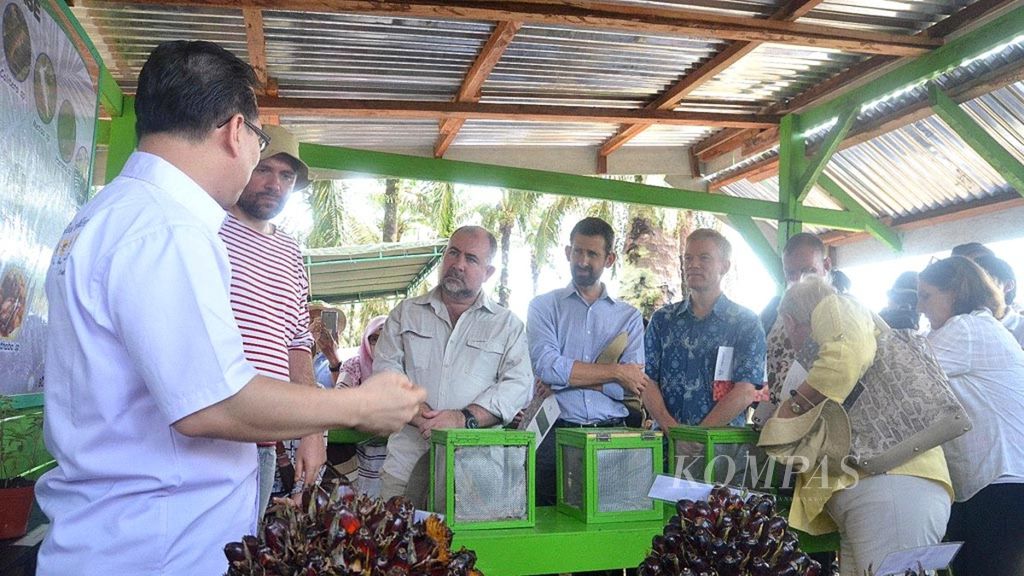 Delegasi Uni Eropa yang diketuai Duta Besar Uni Eropa untuk Indonesia Vincent Guerend (batik biru) mengunjungi pengelolaan perkebunan kelapa sawit berkelanjutan di perkebunan Tungkal Ulu, Kabupaten Tanjung Jabung Barat, Jambi, Senin (16/4/2018). Kegiatan yang difasilitasi Kementerian Luar Negeri itu bertujuan untuk memaparkan fakta pengelolaan sawit berkelanjutan secara langsung kepada Uni Eropa.