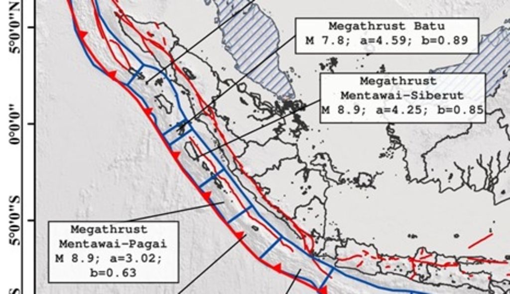 Lokasi <i>megathrust</i> Mentawai-Siberut dan Mentawai Pagai. Sumber: Peta Sumber Gempa Bumi Nasional 2017