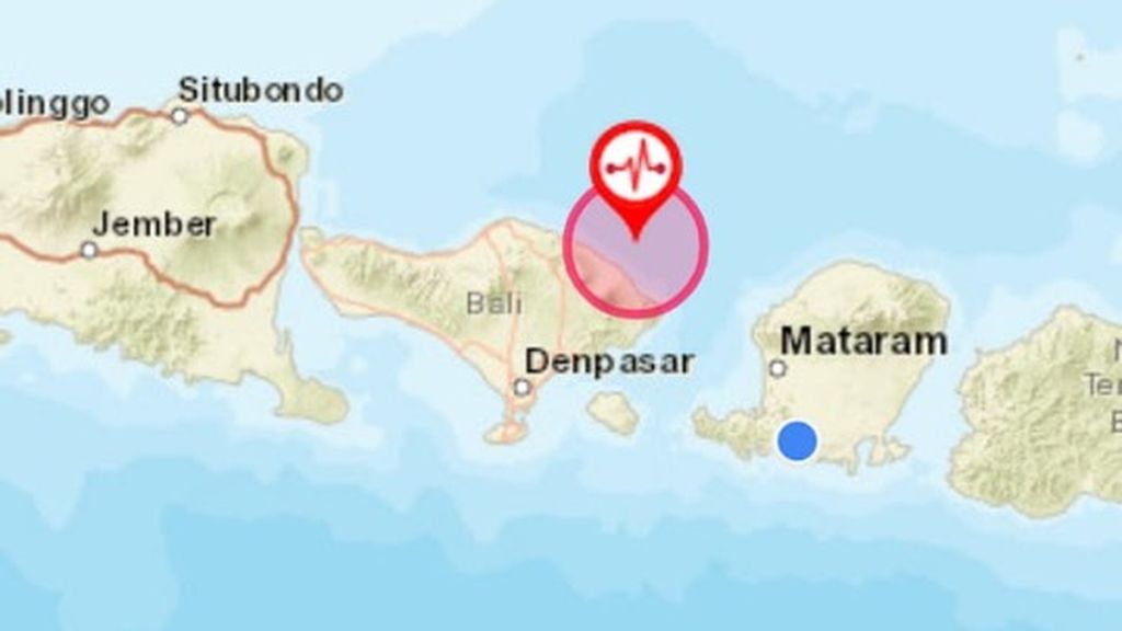 Lokasi gempa bermagnitudo 5,2 yang mengguncang Karangasem, Bali, dan turut dirasakan hingga Lombok, NTB.