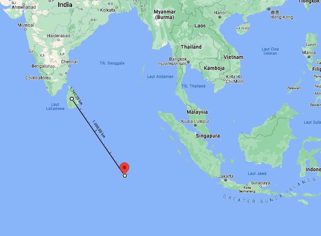 Lokasi anak buah kapal asal Sri Lanka yang hanyut. Mereka terombang-ambing sejauh 1.762 kilometer dari negara asalnya.