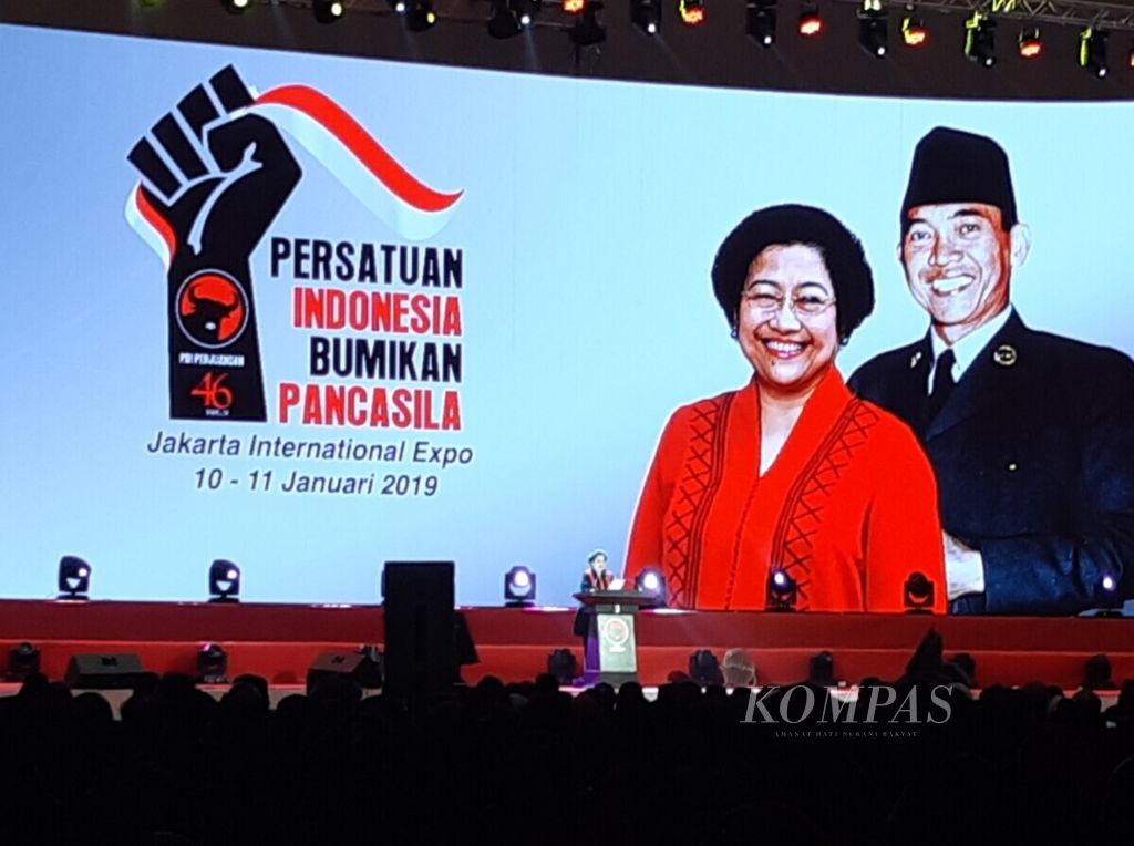 Ketua Umum PDI-P Megawati Soekarnoputri saat Rapat Koordinasi Nasional PDI-P sekaligus perayaan Hari Ulang Tahun Ke-46 PDI-P di Jakarta, Kamis (10/1/2019).