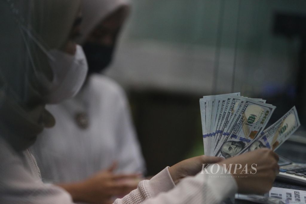 Pegawai perusahaan penukaran uang asing, Valuta Artha Mas, di ITC Kuningan, Jakarta, menghitung dan memeriksa kondisi lembaran uang dollar AS, Rabu (29/6/2022). Berdasarkan kurs referensi Jakarta Interbank Spot Dollar Rate (Jisdor) pada Rabu, nilai tukar Rp 14.848 per dollar AS.