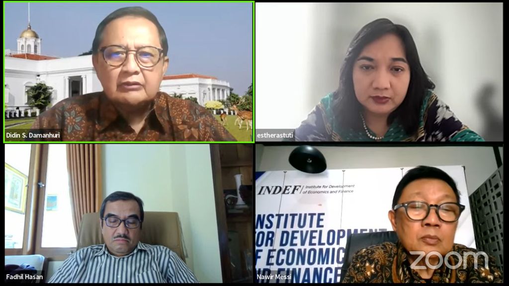 Diskusi bertajuk Ekonomi Politik Kabinet Prabowo-Gibran secara daring yang diadakan Institute for Development of Economics and Finance (Indef), Selasa (22/10/2024).