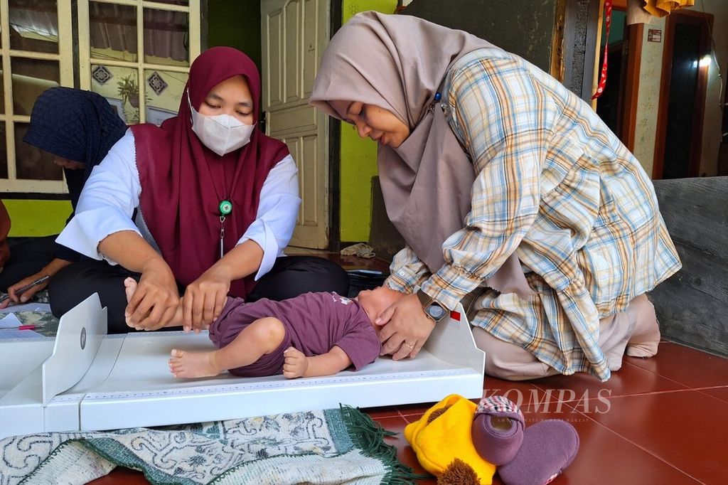 Petugas gizi desa Puskesmas Gerung, Lombok Barat, Nusa Tenggara Barat, mengukur berat badan anak balita dalam kegiatan Posyandu Keluarga di Dusun Peseng, Desa Taman Ayu, Rabu (13/12/2023).