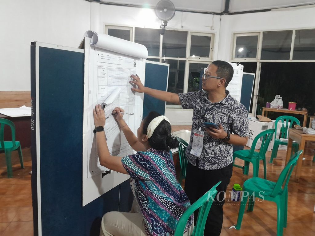 Proses penghitungan suara anggota DPD oleh Kelompok Penyelenggara Pemungutan Suara di TPS 039 Kelurahan Jurangmangu Timur, Pondok Aren, Tangerang Selatan, Banten, yang berakhir Kamis (15/2/2024) dini hari.