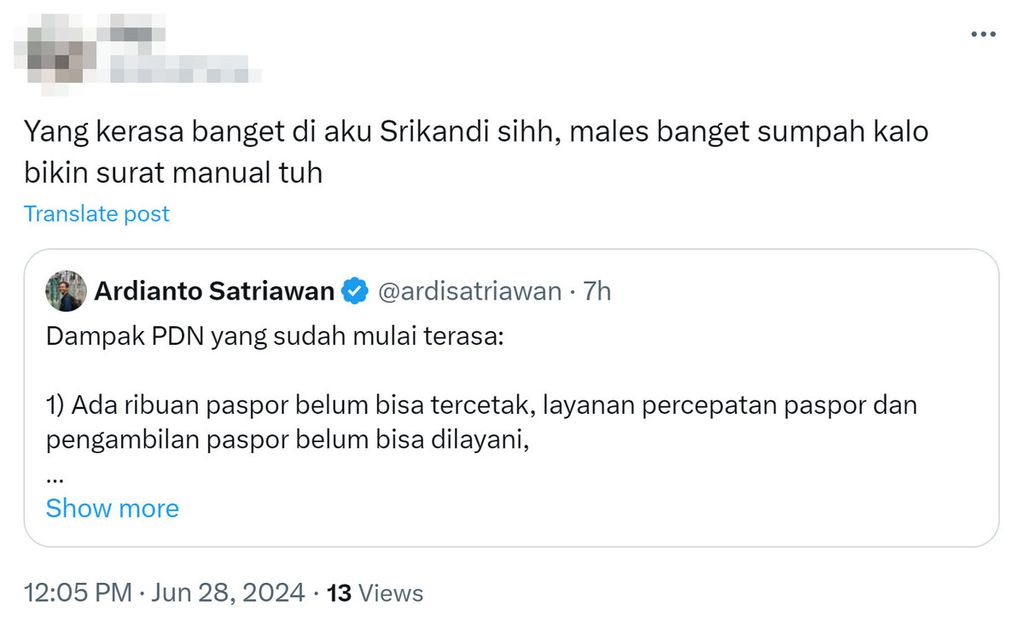 Komentar seorang pengguna X terkait lumpuhnya Sistem Informasi Kearsipan Dinamis Terintegrasi (Srikandi), Jumat (28/6/2024). Srikandi adalah layanan yang dibuat pemerintah untuk penggunaan surat-menyurat dan pengarsipan di tingkat pemerintah pusat hingga daerah.