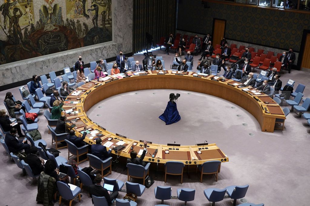 Dewan Keamanan Perserikatan Bangsa-Bangsa, Senin (31/1), melaksanakan pertemuan khusus untuk membahas situasi yang tengah berlangsung di perbatasan Ukraina-Rusia. (AP Photo/Richard Drew)