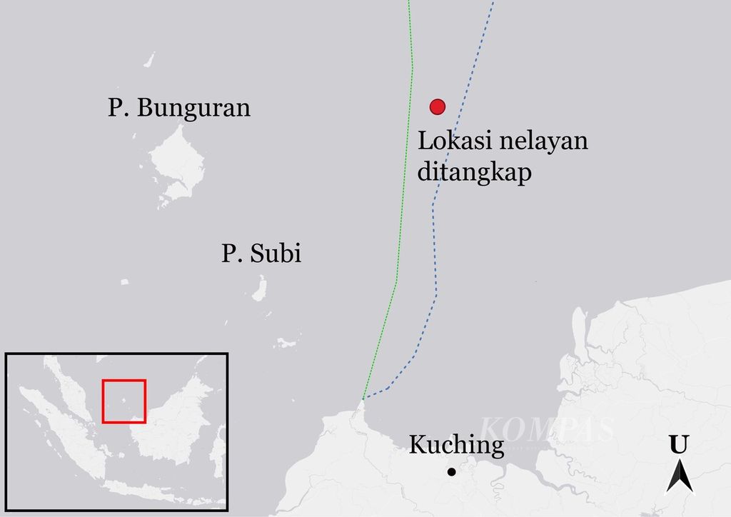 Lokasi penangkapan nelayan Natuna oleh penjaga pantai Malaysia. Garis putus-putus biru menunjukkan klaim Zona Ekonomi Eksklusif (ZEE) Indonesia dan garis putus-putus hijau menunjukkan klaim ZEE Malaysia.
