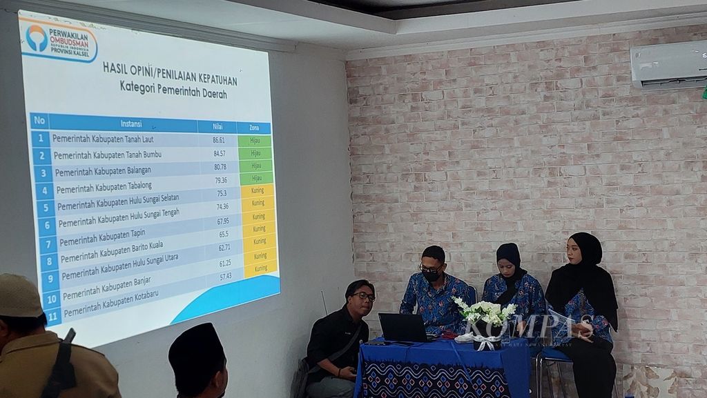 Hasil penilaian kategori pemerintah daerah di Kalimantan Selatan ditampilkan dalam kegiatan penyampaian hasil penilaian kepatuhan standar pelayanan publik tahun 2022 Opini Pengawasan Ombudsman Republik Indonesia di Banjarmasin, Selasa (14/2/2023).