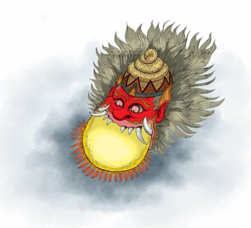 An illustration from a fairy tale about an eclipse when Batara Kala or Kala Rahu eats the Sun or Moon causing an eclipse.