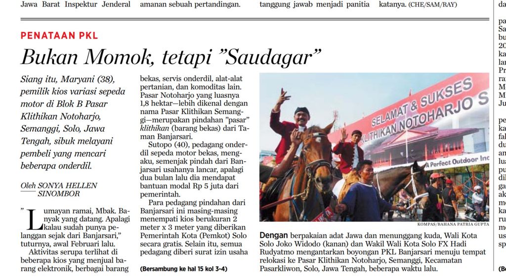 Artikel di harian <i>Kompas,</i> 9 Februari 2008, saat Joko Widodo sebagai Wali Kota Solo, Jawa Tengah, merelokasi PKL di Surakarta. 