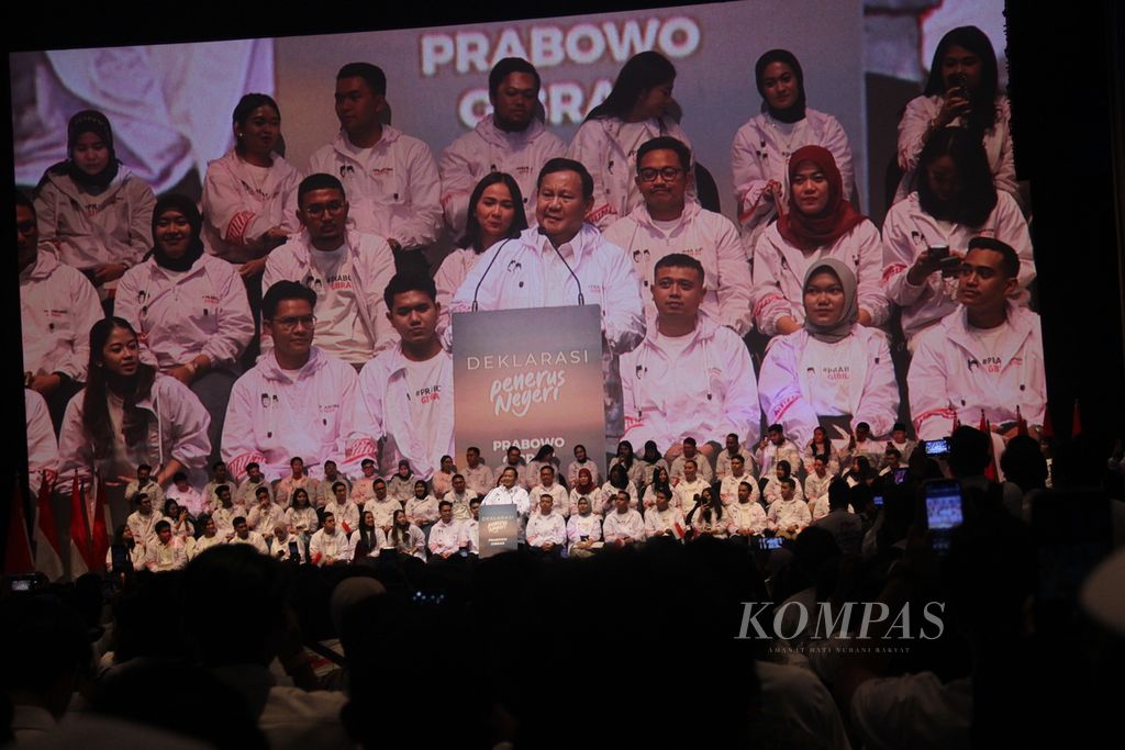 Calon presiden dari Koalisi Indonesia Maju, Prabowo Subianto, menghadiri Deklarasi Penerus Negeri di Jakarta, Sabtu (28/10/2023).