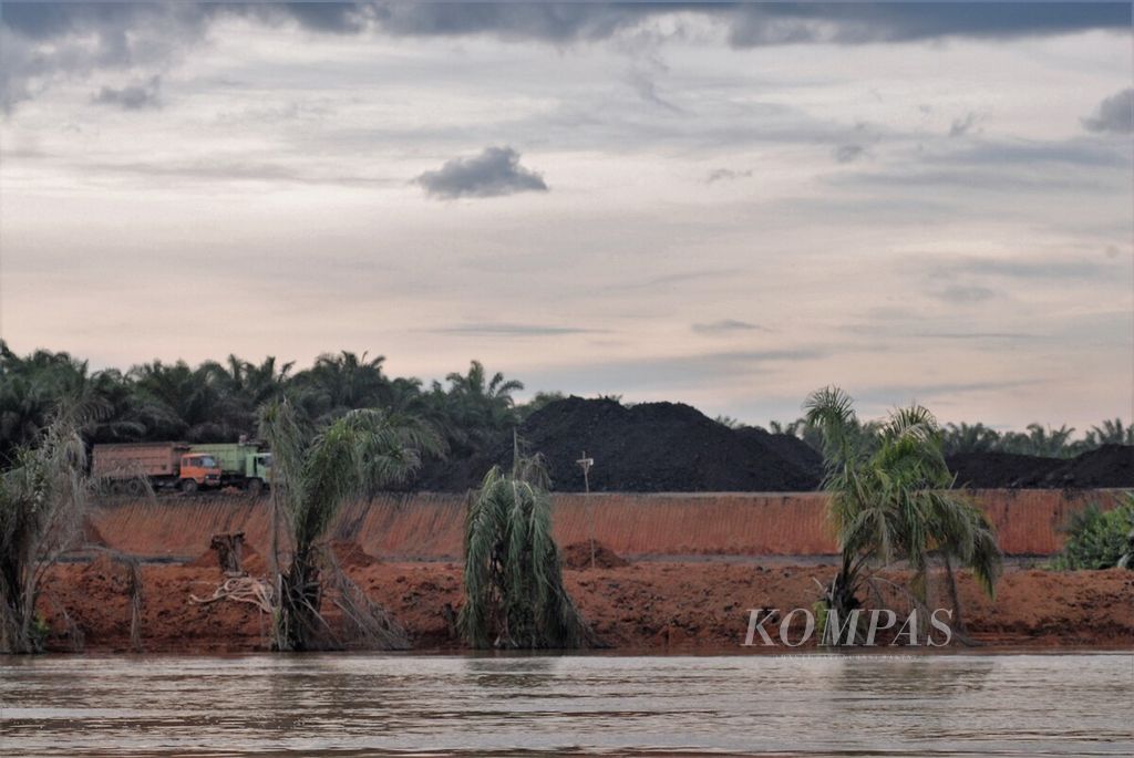 Aktivitas penimbunan hasil tambang batubara di dekat Sungai Batanghari, Kamis (17/11/2022). Hasil tambang itu akan dibawa ke pelabuhan di Jambi dengan memanfaatkan jalur sungai.