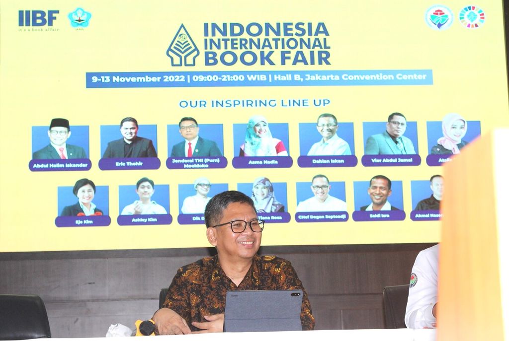 Ketua Umum Ikatan Penerbit Indonesia (Ikapi) Arys Hilman Nugraha menghadiri konferensi pers Indonesia International Book Fair (IIBF) di Kementerian Desa, Pembangunan Daerah Tertinggal, dan Transmigrasi, Jakarta, Senin (7/11/2022).