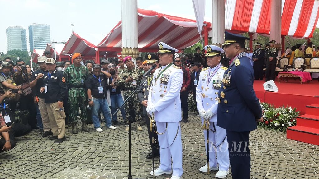 Panglima TNI Laksamana Yudo Margono saat konferensi pers seusai upacara HUT Ke-78 TNI di Monas, Jakarta, Kamis (5/10/2023).