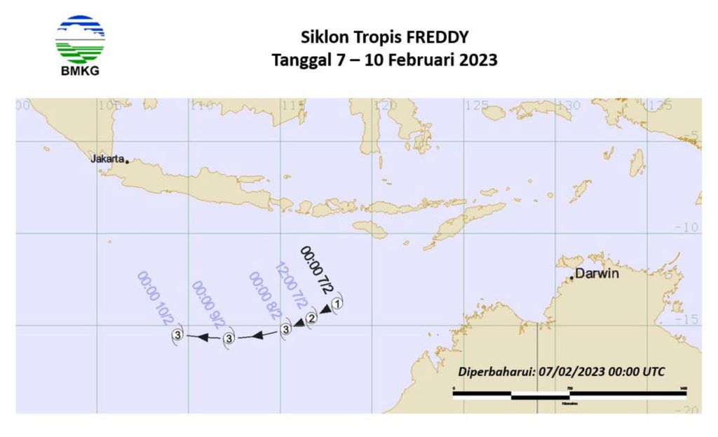 Perkiraan arah pergerakan siklon tropis Freddy. Sumber: BMKG