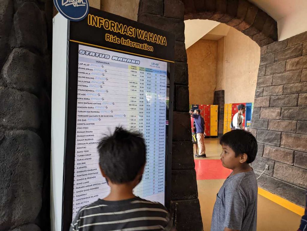 Dua orang anak sedang melihat waktu antrean menuju wahana di Dunia Fantasi, Ancol, Jakarta Utara pada Senin (26/12/2022).