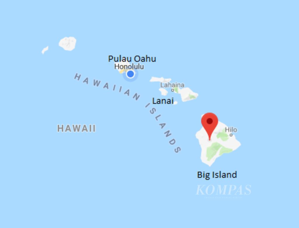 Lokasi Pulau Oahua, Pulau Lanai, dan Big Island, di Kepulauan Hawaii, Amerika Serikat.