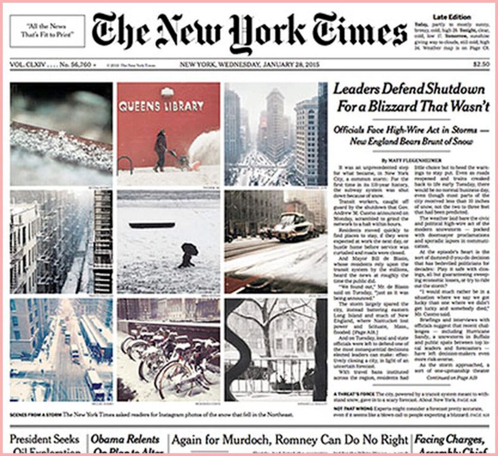 <i>Headline The New York Times</i> edisi 28 Januari 2015 memakai sembilan foto dari Instagram