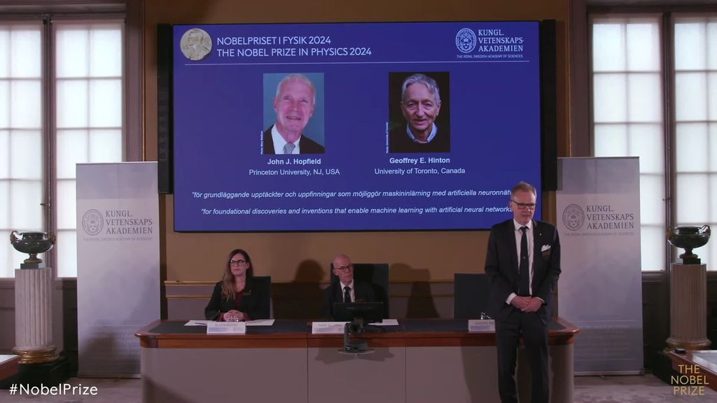 Pengumuman pemberian penghargaan Nobel Fisika 2024 disampaikan di Stockholm, Swedia, Selasa (8/10/2024), dan disiarkan secara virtual. Tahun ini, Nobel Fisika diberikan kepada John J Hopfield dari Princeton University, AS, dan Geoffrey E Hinton dari University of Toronto, Kanada.