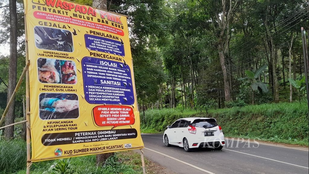 Sebuah baliho besar berisi kisi-kisi penanganan penyakit mulut dan kuku terpampang di tepi jalan di daerah Ngantang, Kabupaten Malang, Jawa Timur, sebagaimana terlihat Kamis (2/6/2022).