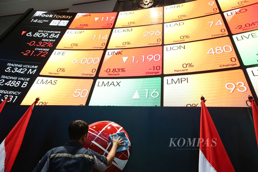 Aktivitas pekerja di Hall Bursa Efek Indonesia di Jakarta, Jumat (14/6/2024). Indeks Harga Saham Gabungan (IHSG) anjlok di perdagangan terakhir pekan ini, yaitu 1,42 persen atau 96.73 poin ke level 6.734.831.