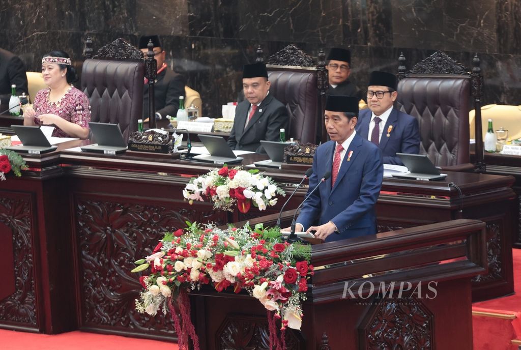 President Joko Widodo attended the Plenary Session of the Parliament at the Parliament Complex, Senayan, Jakarta, on Wednesday, August 16, 2023. President Jokowi delivered a state speech in order to present the Draft Law on State Revenue and Expenditure Budget for the fiscal year of 2024, accompanied by financial notes and supporting documents.