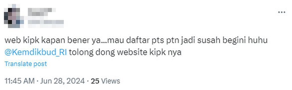 Komentar seorang pengguna X terkait lumpuhnya sistem Kartu Indonesia Pintar Kuliah (KIPK), Jumat (28/6/2024). 