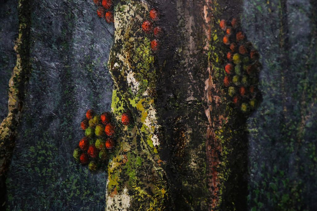 Detail lukisan berjudul pohon Ara #2 karya Mangu Putra dalam pameran tunggal bertema Serenity di Cans Gallery, Jakarta, Kamis (27/4/2023).