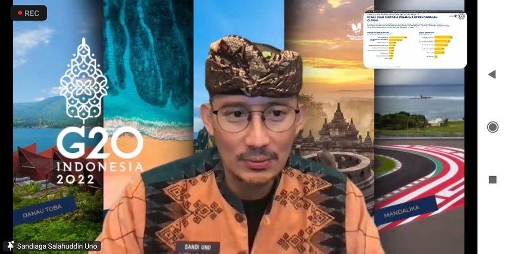 Tangkapan layar Menteri Pariwisata dan Ekonomi Kreatif (Menparekraf) Sandiaga Salahuddin Uno dalam webinar yang digelar tiket.com bertajuk 'New Paradigm of Indonesia Tourism Industry Trend 2023', Selasa (13/12/2022).