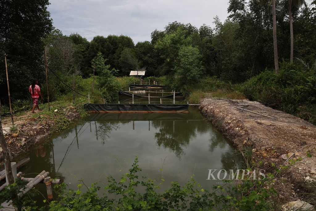Environmental activist Bambang Zakaria observed the condition of a waste management installation at a shrimp pond in Legon Nipah Village, Kemujan District, Karimunjawa, Jepara, on Thursday (18/4/2024).