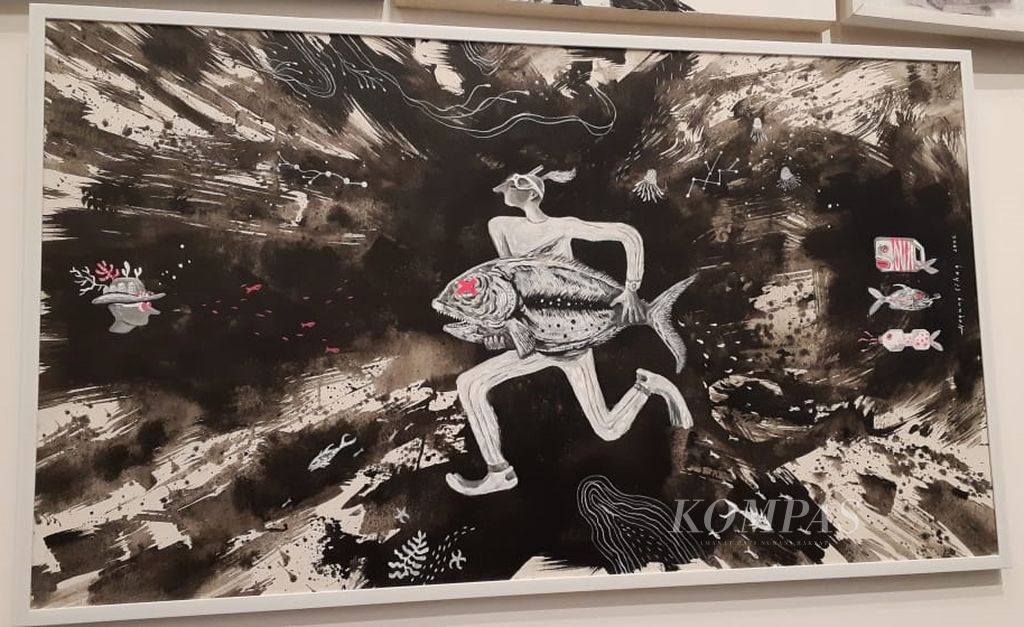 Lukisan berjudul Ecology Jangan Lupa Yee karya Hagung Sihag ditampilkan dalam pameran seni rupa Betawi Masa Kini, Masa Gitu?! di ruang Annex Gallery di Taman Ismail Marzuki, DKI Jakarta, Jumat (3/6/2022) malam. 