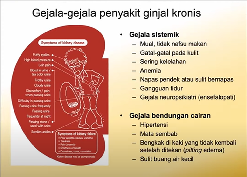 Tangkapan layar dari presentasi gejala penyakit ginjal kronik yang disampaikan Ketua Bidang Organisasi Pengurus Besar Perhimpunan Nefrologi Indonesia (Pernefri) Zulkhair Ali dalam peringatan Hari Ginjal Sedunia di Jakarta, Kamis (17/3/2022).