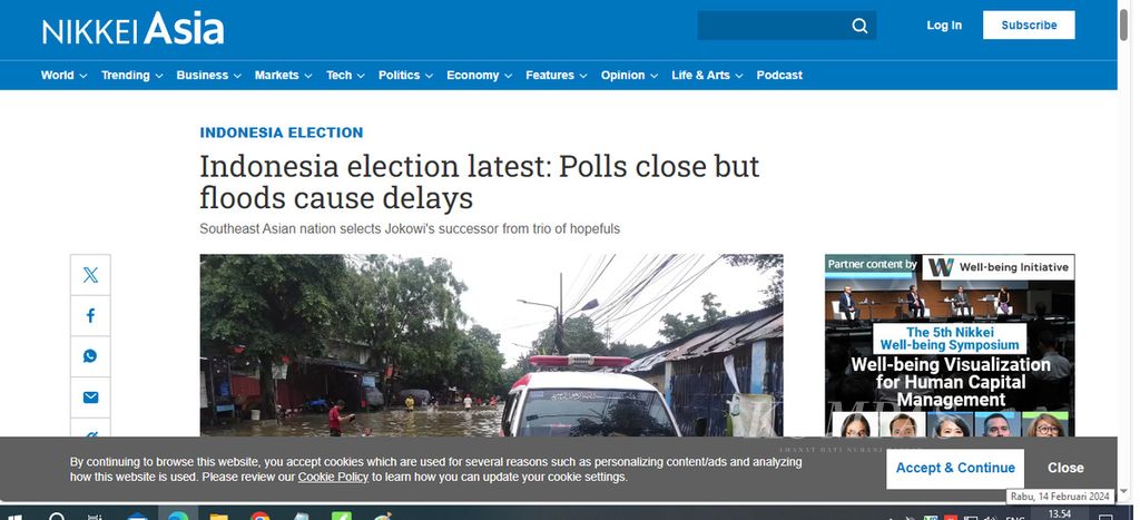 Laporan Nikkei Asia tentang pemilu Indonesia, Rabu (14/2/2024). Banjir hingga nilai penting pemilu menjadi laporan berbagai media asing.