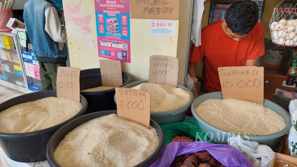 Beberapa jenis beras dijual di salah satu kios di Banjarmasin, Kalimantan Selatan, Kamis (22/12/2022).
