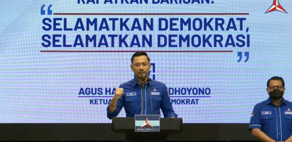 Ketua Umum Partai Demokrat Agus Harimurti Yudhoyono saat jumpa pers menjelaskan sikap Demokrat atas KLB Demokrat di Deli Serdang, Sumatera Utara, Jumat (5/3/2021).