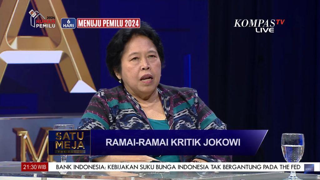 Ketua Dewan Guru Besar Universitas Indonesia (UI) Harkristuti Harkrisnowo saat menjadi narasumber pada acara <i>Satu Meja The Forum </i>bertajuk “Ramai-Ramai Kritik Jokowi” yang disiarkan Kompas TV, Rabu (8/2/2024) malam.