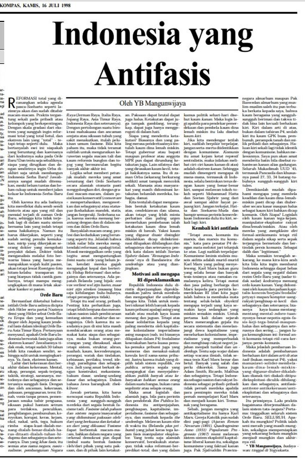 Arsip artikel YB Mangunwijaya, "Indonesia yang Antifasis" (Kompas, 16/7/1998) 