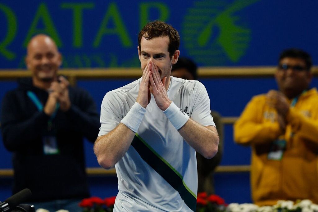 Ekspresi petenis Inggris, Andy Murray, setelah mengalahkan petenis Ceko, Jiri Lehecka, dalam pertandingan semifinal turnamen ATP 250 Doha, Qatar, Sabtu (25/2/2023) dini hari WIB. Murray menang dengan skor 6-0, 3-6, 7-6 (6). 