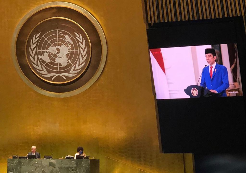 Presiden Joko Widodo berpidato pada sesi ke-75 Sidang Majelis Umum Perserikatan Bangsa-Bangsa melalui rekaman video di Markas besar PBB, New York, Amerika, Selasa (22/9/2020).