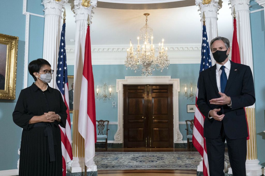 Secretary of State Antony Blinken, right, accompanied by Indonesian Foreign Minister Retno Marsudi, speaks to the press after a bilateral meeting at the State Department in Washington, Tuesday, Aug. 3, 2021. 