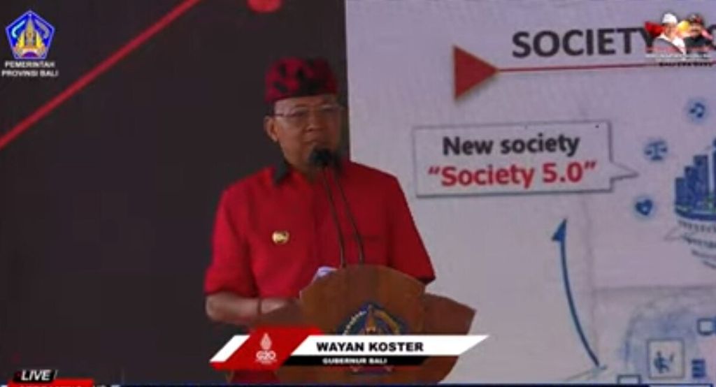Tangkapan layar dari Gubernur Bali Wayan Koster ketika memberikan sambutan dalam acara pencanangan pembangunan Taman Teknologi Turyapada Tower di Desa Pegayaman, Buleleng, Bali, Sabtu (23/7/2022).