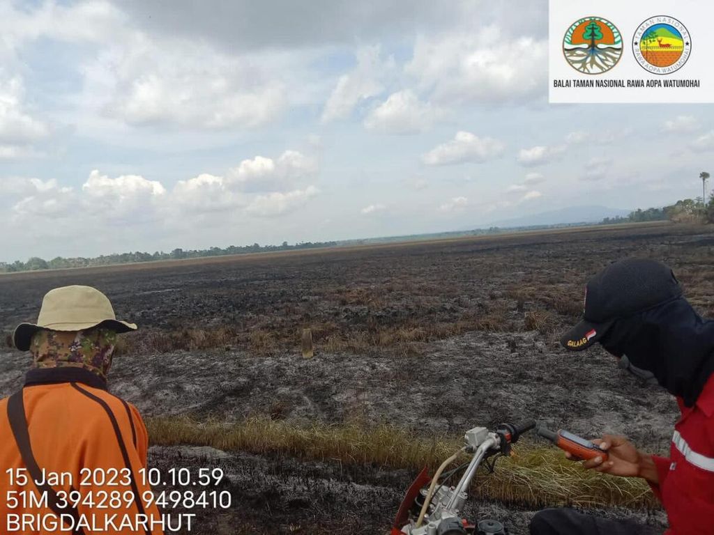 Kebakaran lahan di kawasan Taman Nasional Rawa Aopa Watumohai di Bombana, Sulawesi Tenggara, seperti terlihat pada Minggu (15/1/2023) pagi. Total seluas 37 hektar lahan terbakar dan baru bisa dipadamkan total pada Minggu dini hari. Kebakaran di kawasan taman nasional ini diduga akibat ulah manusia.