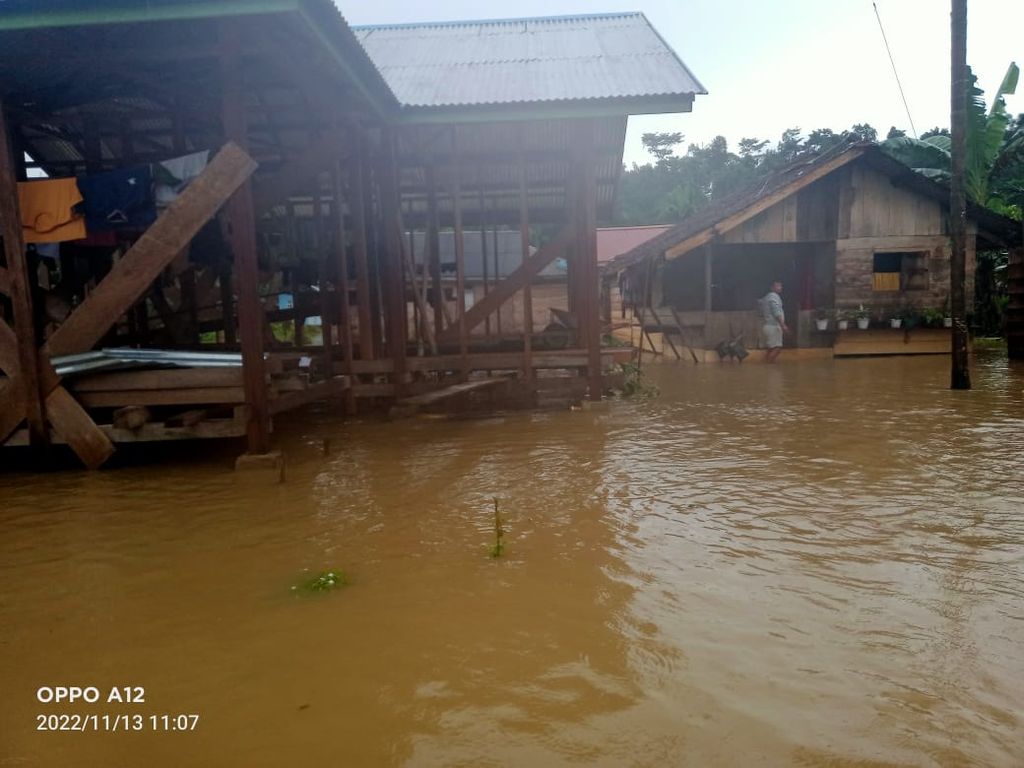Banjir menggenangi rumah warga di Desa Malancan, Kecamatan Siberut Utara, Kepulauan Mentawai, Sumatera Barat, Minggu (13/11/2022). Ada sekitar 222 keluarga terdampak banjir di tiga dusun di desa ini.
