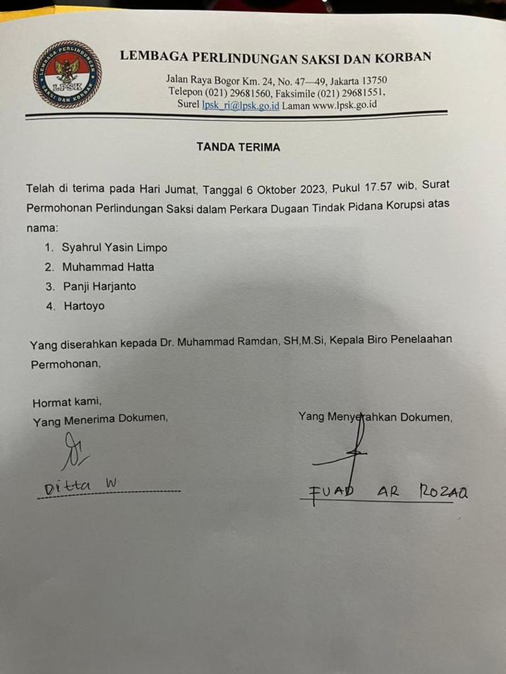 Foto dari tanda terima atas surat permohonan perlindungan saksi yang diajukan beberapa orang, termasuk Syahrul Yasin Limpo, kepada Lembaga Perlindungan Saksi dan Korban (LPSK).