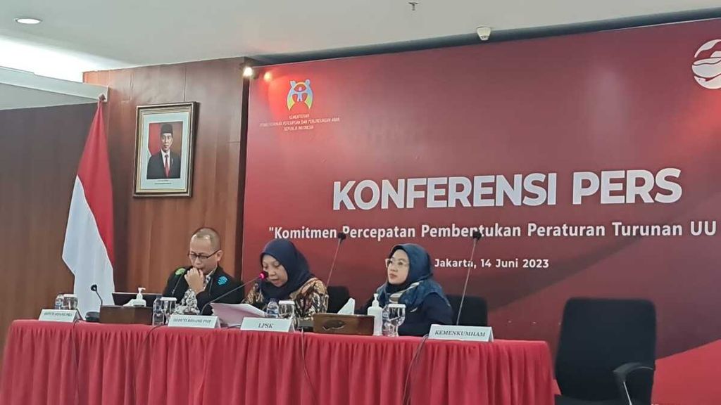 Konferensi pers Komitmen Percepatan Pembentukan Peraturan Turunan UU TPKS, Rabu (14/6/2023), di kantor Kementerian PPPA, Jakarta.
