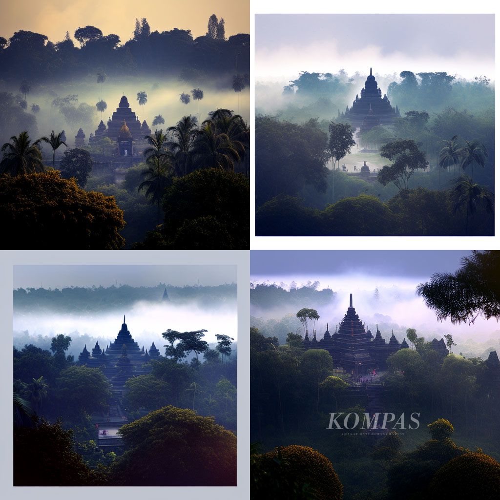 Visual ini dihasilkan Midjourney dengan mengolah foto asli yang diunggah ke midjourney untuk digenerate dengan menambahkan perintah; foggy arround the temple, morning lighting, high angle from hills, misty, tropical forest.
