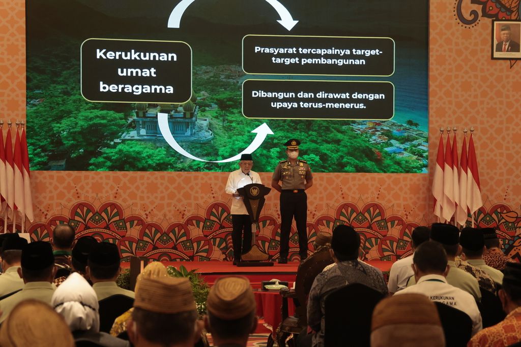 Wakil Presiden Maruf Amin mengingatkan Forum Kerukunan Umat Beragama (FKUB) Provinsi Gorontalo bersama-sama menjaga kerukunan umat beragama dalam silaturahmi FKUB Provinsi Gorontalo, di Kabupaten Gorontalo, Jumat (14/4/2023).
